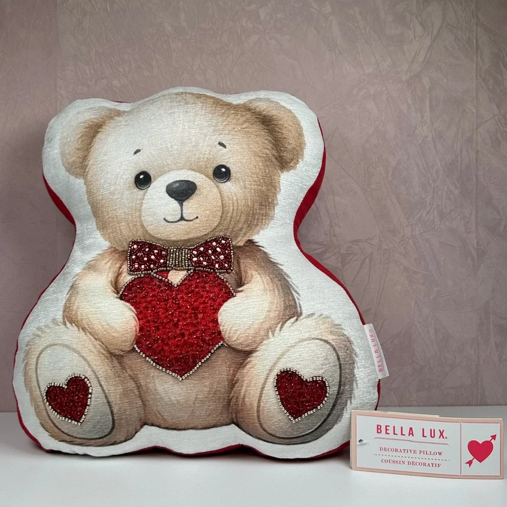 Bella Lux Heartfelt Valentines Teddy Bear Pillow - Red and White